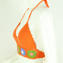 Laden Sie das Bild in den Galerie-Viewer, Handgestricktes Boho Stricktop Gr. Einheitsgröße orange mehrfarbig geblümt Häkeltop NEU