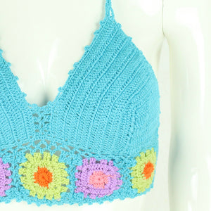 Boho Stricktop Gr. Einheitsgröße blau mehrfarbig geblümt Häkeltop NEU