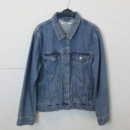 Second Hand NA-KD Jeansjacke Gr. 38 blau mit Backprint Jacke (*)