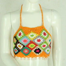 Laden Sie das Bild in den Galerie-Viewer, Handgestricktes Boho Stricktop Gr. Einheitsgröße orange mehrfarbig Häkeltop mit Perlen NEU