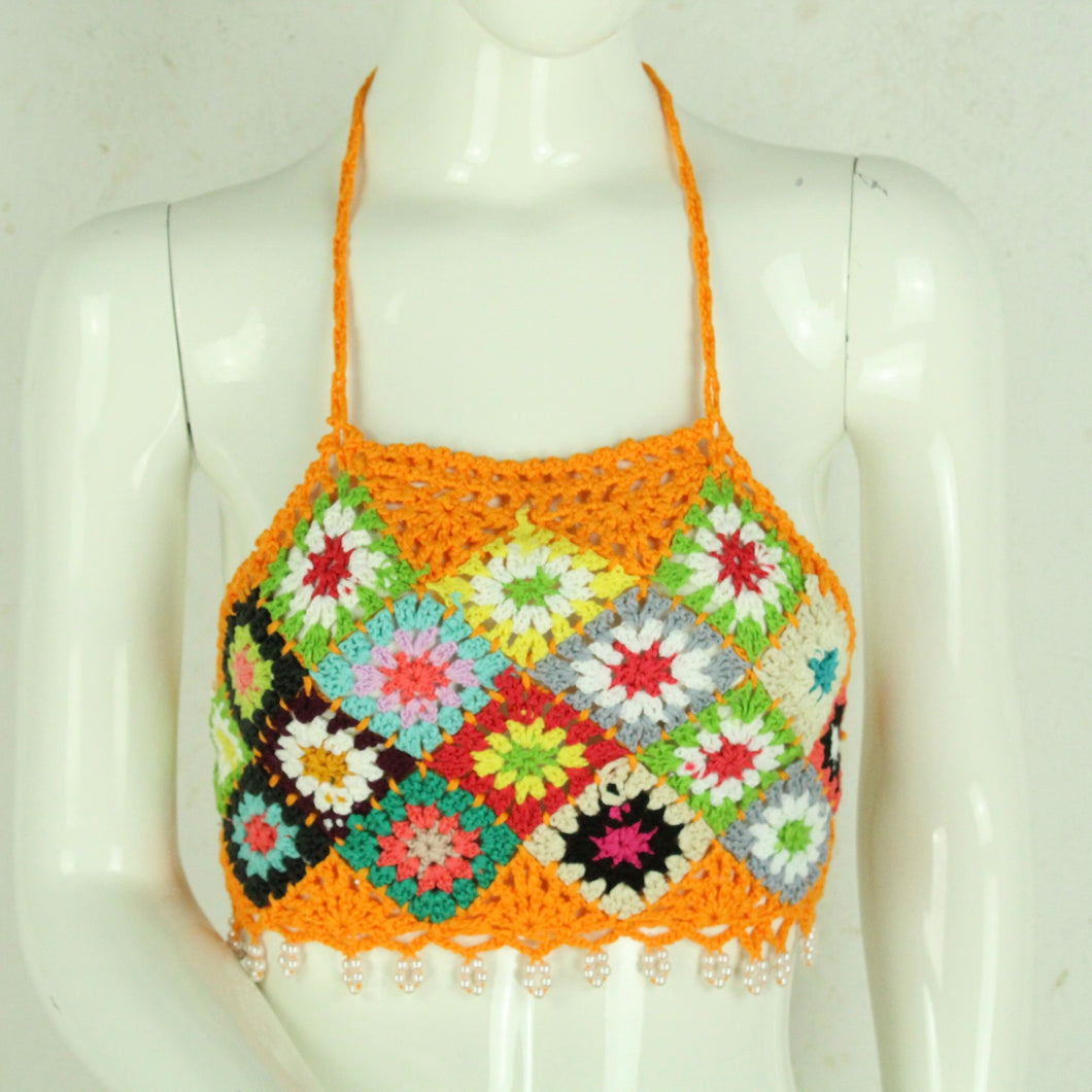 Handgestricktes Boho Stricktop Gr. Einheitsgröße orange mehrfarbig Häkeltop mit Perlen NEU