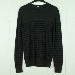 Second Hand UNIQLO Wollpullover Gr. S grau meliert schwarz gestreift Wolle Pullover Strick (*)