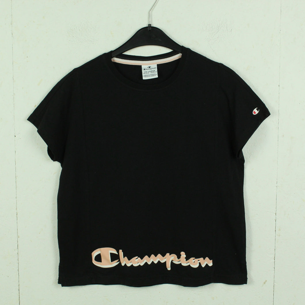 Second Hand CHAMPION T-Shirt mit Logo Print Gr. XL schwarz mehrfarbig (*)